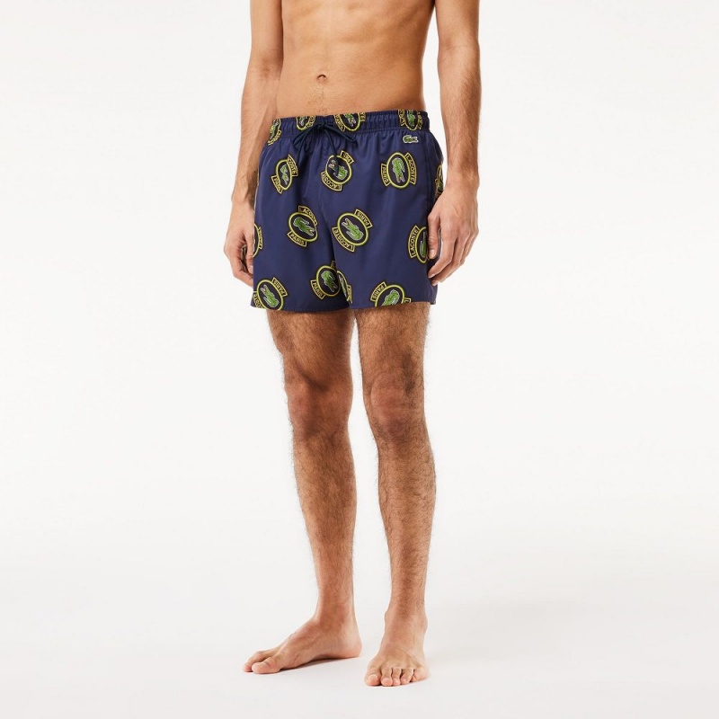 Men's Lacoste Logo Badge Swim Trunks Navy Blue Yellow | QGW871042