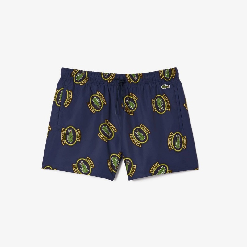 Men's Lacoste Logo Badge Swim Trunks Navy Blue Yellow | QGW871042