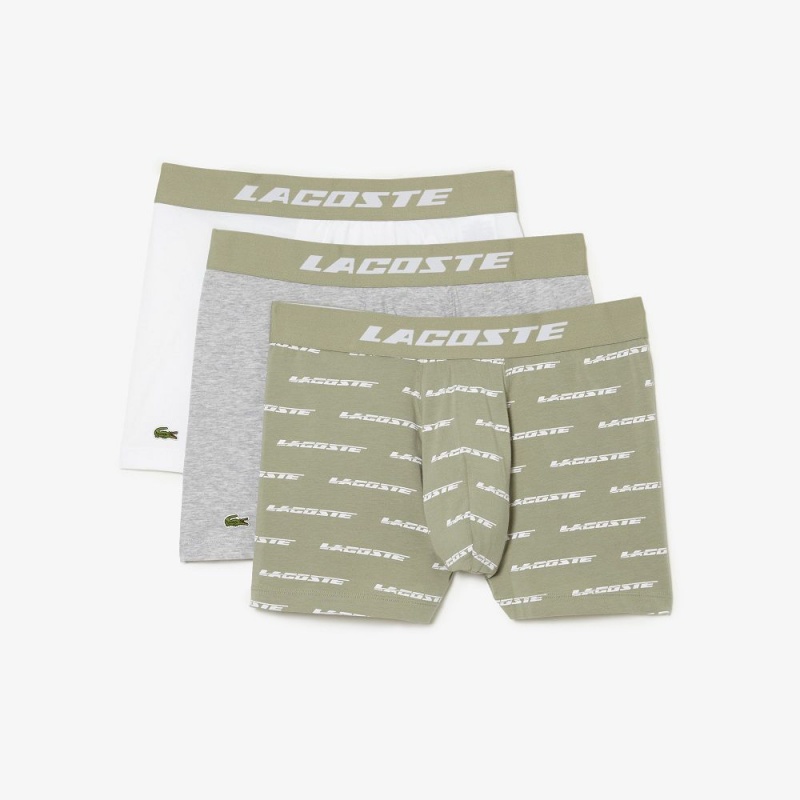 Men's Lacoste Logo Print Jersey 3-Pack Boxer Briefs Khaki Green Grey Chine White | HDZ269340