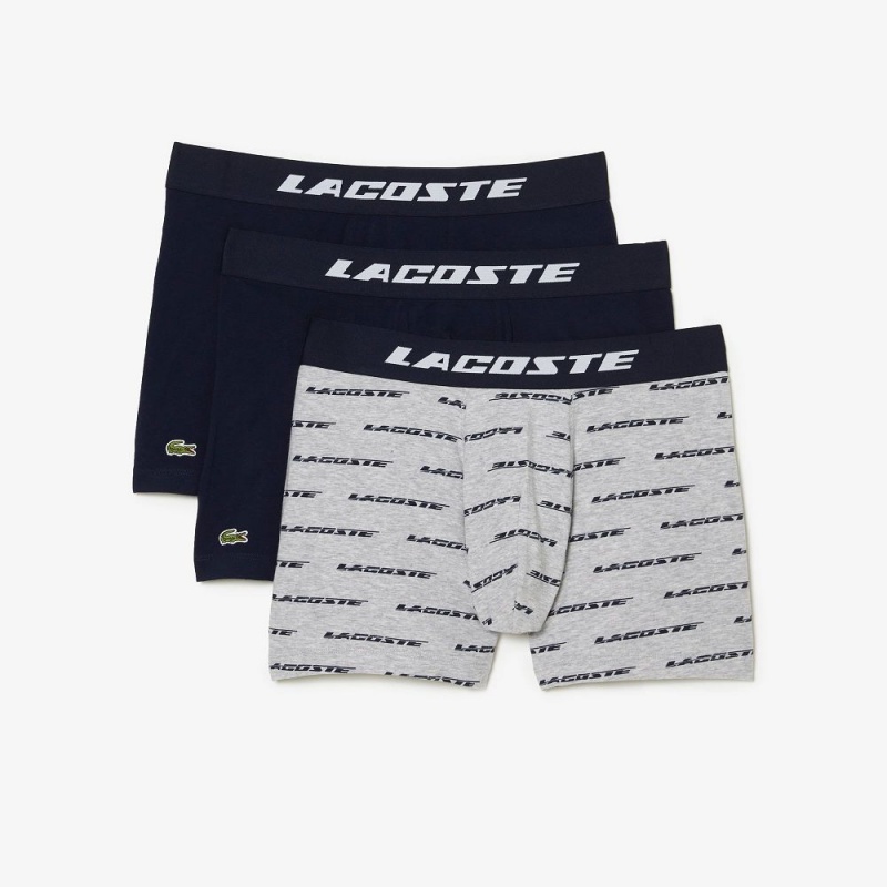 Men's Lacoste Logo Print Jersey 3-Pack Boxer Briefs Grey Chine Navy Blue | SFP567234