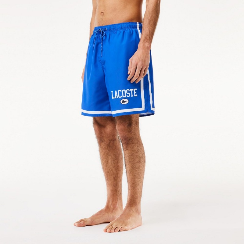 Men's Lacoste Logo Printed Swim Trunks Blue White | IHZ825673