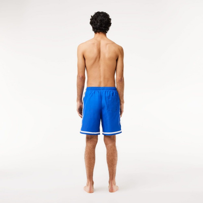 Men's Lacoste Logo Printed Swim Trunks Blue White | IHZ825673