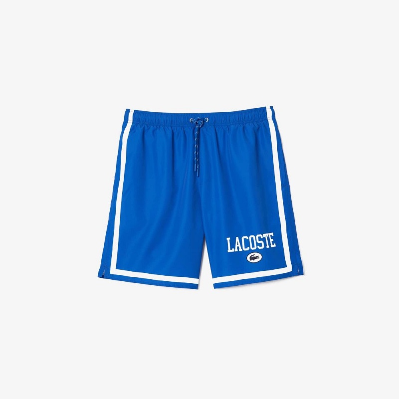 Men's Lacoste Logo Printed Swim Trunks Blue White | IHZ825673