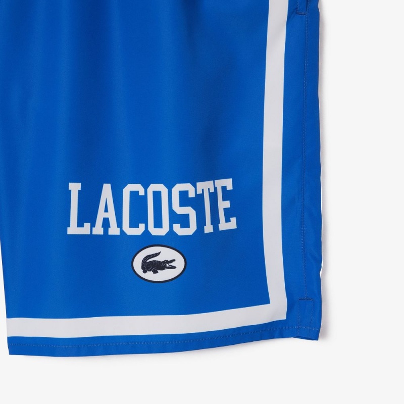 Men's Lacoste Logo Printed Swim Trunks Blue White | IHZ825673