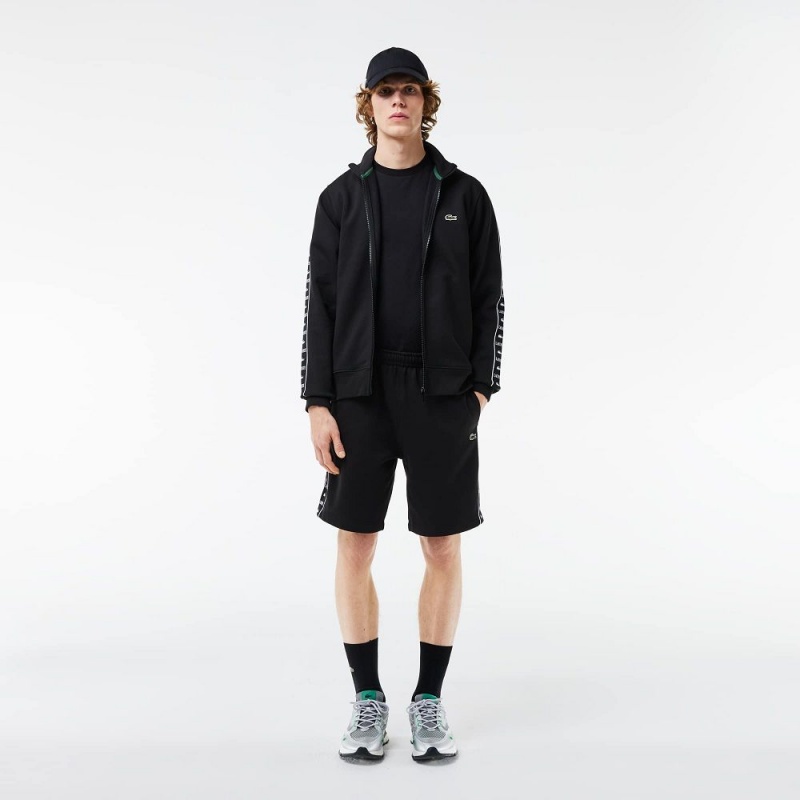 Men's Lacoste Logo Stripe Fleece Shorts Black | VLH619740