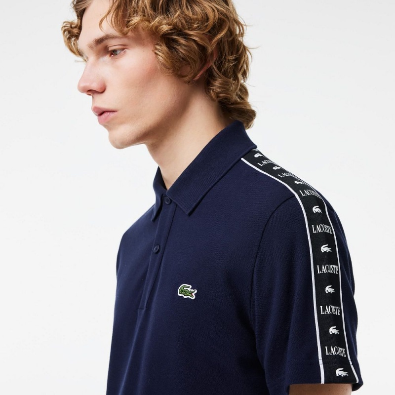 Men's Lacoste Logo Stripe Stretch Piqué Polo Shirts Navy Blue | TMU682053