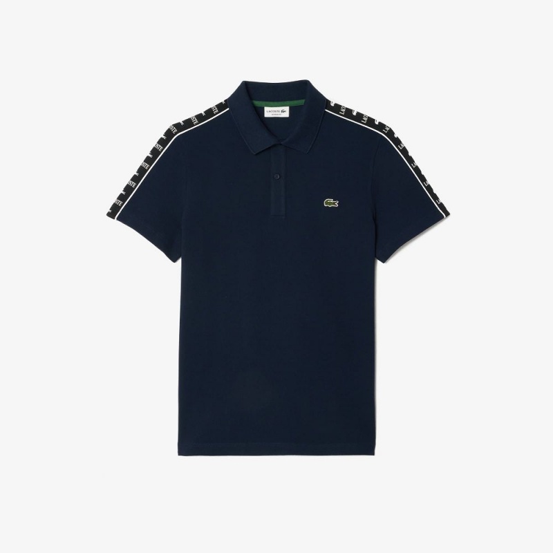 Men's Lacoste Logo Stripe Stretch Piqué Polo Shirts Navy Blue | TMU682053