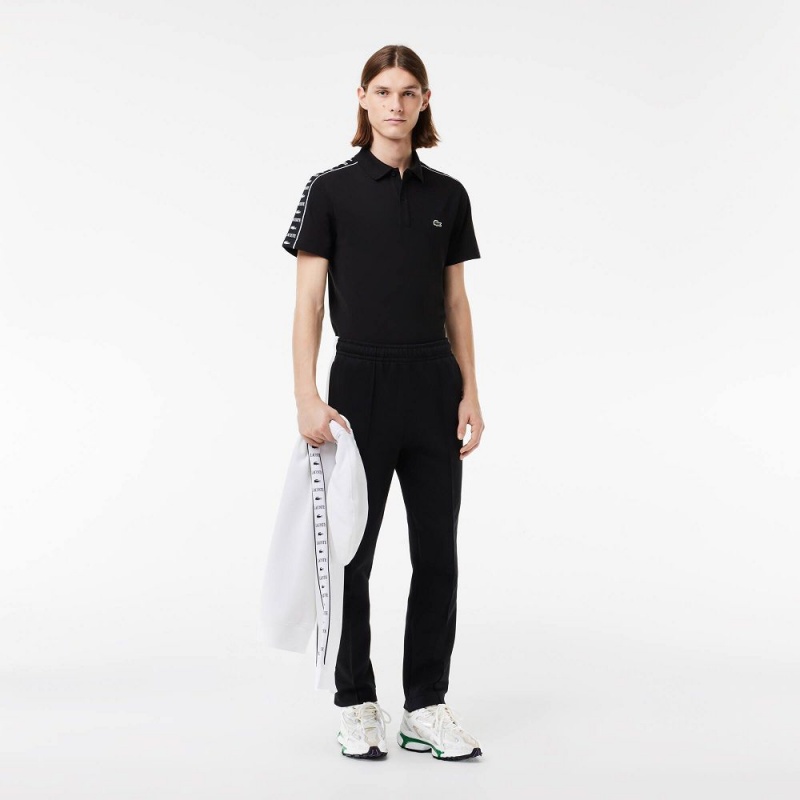 Men's Lacoste Logo Stripe Stretch Piqué Polo Shirts Black | MRL798235