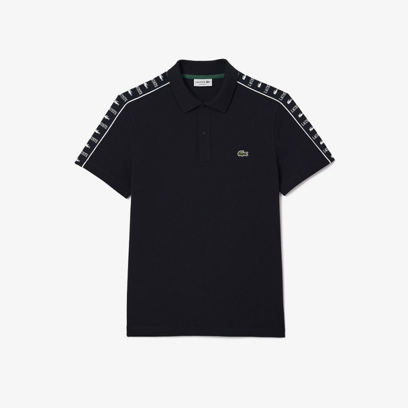 Men's Lacoste Logo Stripe Stretch Piqué Polo Shirts Black | MRL798235