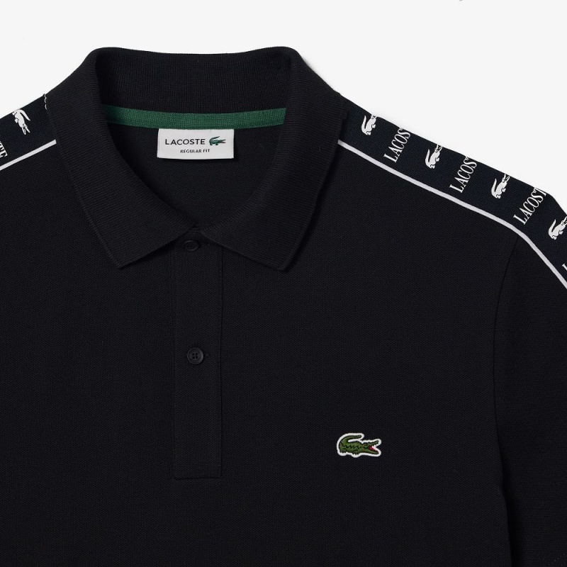 Men's Lacoste Logo Stripe Stretch Piqué Polo Shirts Black | MRL798235