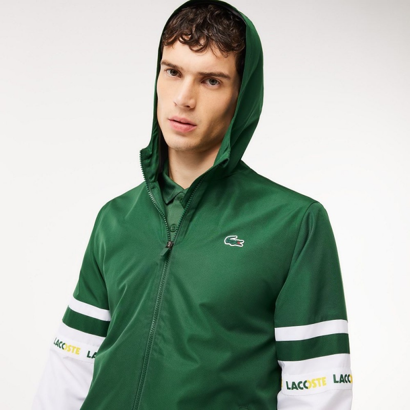 Men's Lacoste Logo Stripe Tennis Jackets Green White | YZD854307