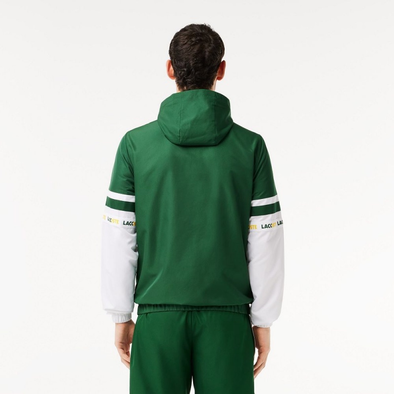 Men's Lacoste Logo Stripe Tennis Jackets Green White | YZD854307