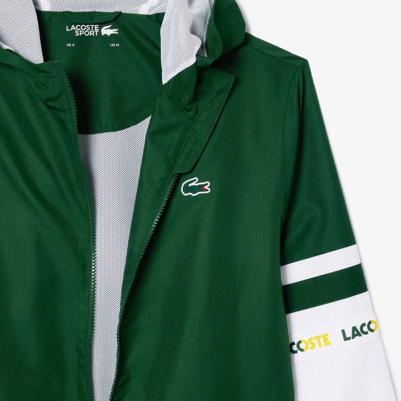 Men's Lacoste Logo Stripe Tennis Jackets Green White | YZD854307