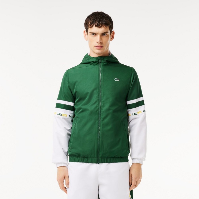 Men\'s Lacoste Logo Stripe Tennis Jackets Green White | YZD854307