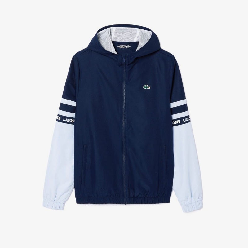 Men's Lacoste Logo Stripe Tennis Jackets Navy Blue Light Blue | EWP421765