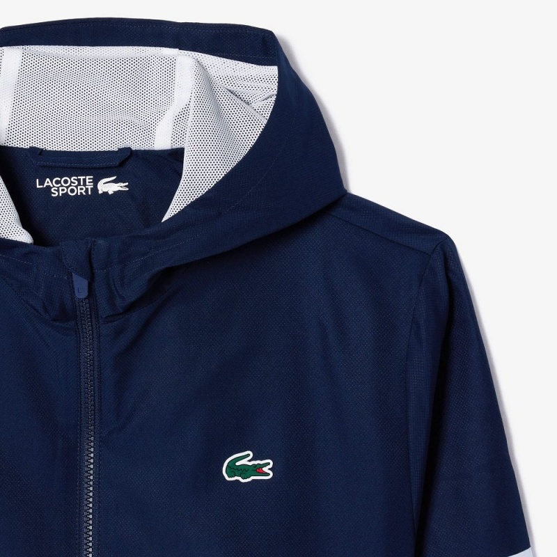 Men's Lacoste Logo Stripe Tennis Jackets Navy Blue Light Blue | EWP421765