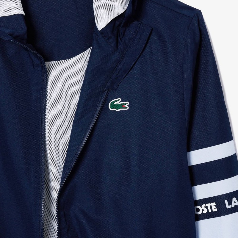 Men's Lacoste Logo Stripe Tennis Jackets Navy Blue Light Blue | EWP421765