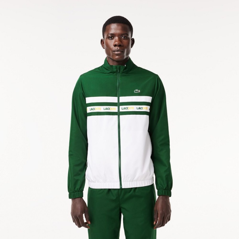 Men's Lacoste Logo Stripe Tennis Tracksuits Green White | KMC209345