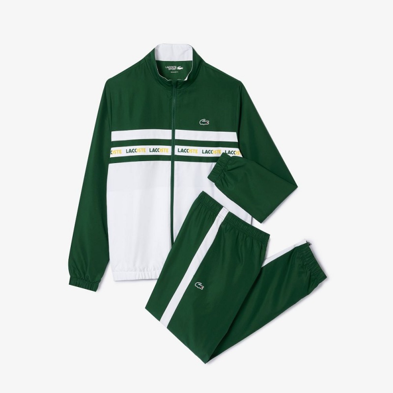 Men's Lacoste Logo Stripe Tennis Tracksuits Green White | KMC209345