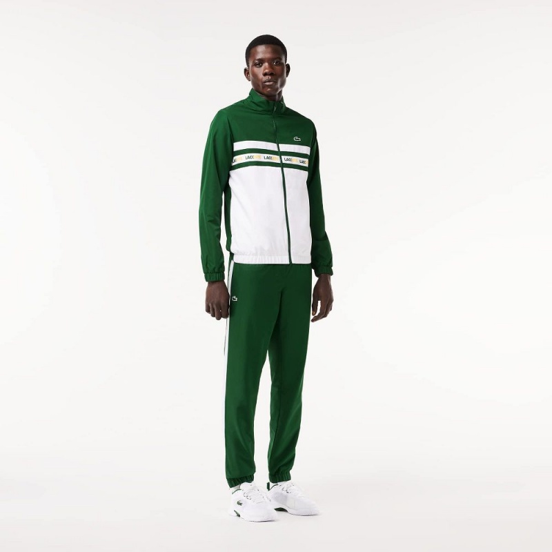 Men\'s Lacoste Logo Stripe Tennis Tracksuits Green White | KMC209345