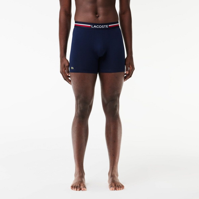 Men's Lacoste Long Cotton 3-Pack Boxer Briefs Navy Blue Grey Chine Red | CDN059684