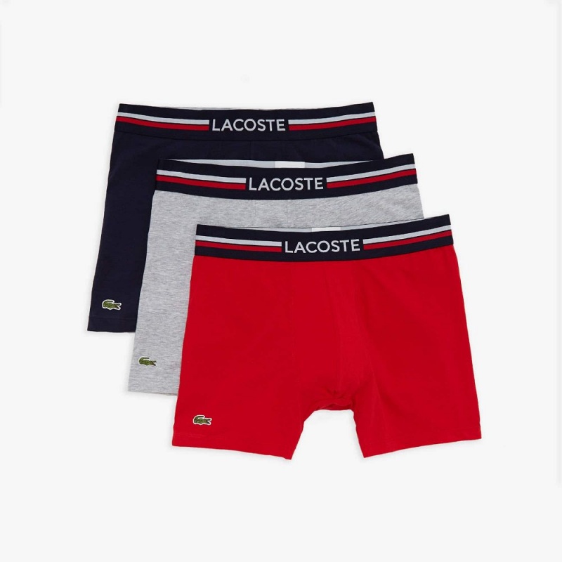 Men's Lacoste Long Cotton 3-Pack Boxer Briefs Navy Blue Grey Chine Red | CDN059684