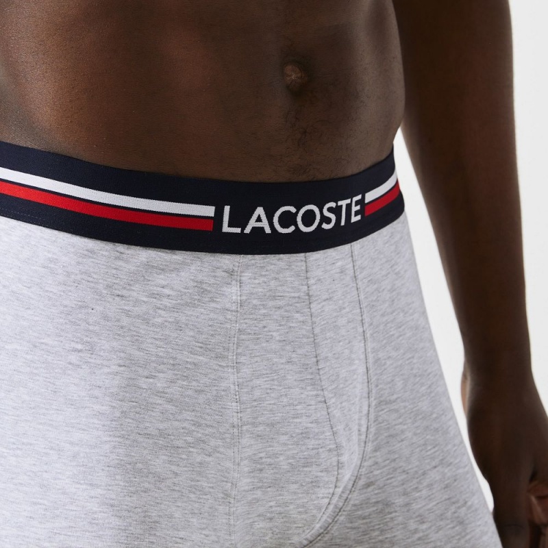 Men's Lacoste Long Cotton 3-Pack Boxer Briefs Navy Blue Grey Chine Red | CDN059684