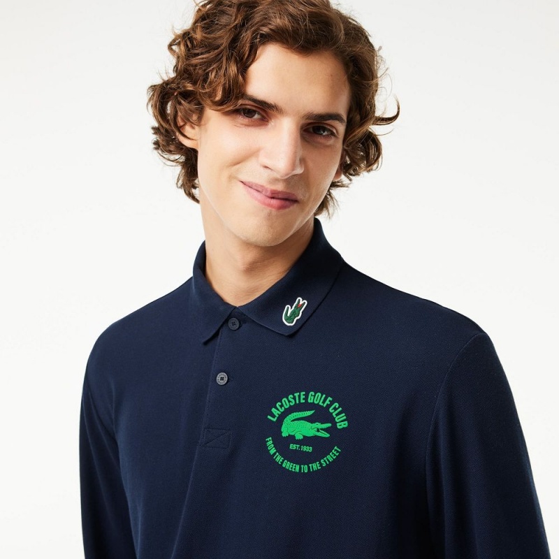 Men's Lacoste Long Sleeve Anti-UV Golf Polo Shirts Navy Blue | OMJ138957