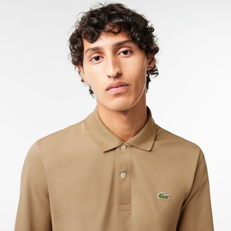 Men's Lacoste Long Sleeve Cotton Polo Shirts Beige | KBI841765