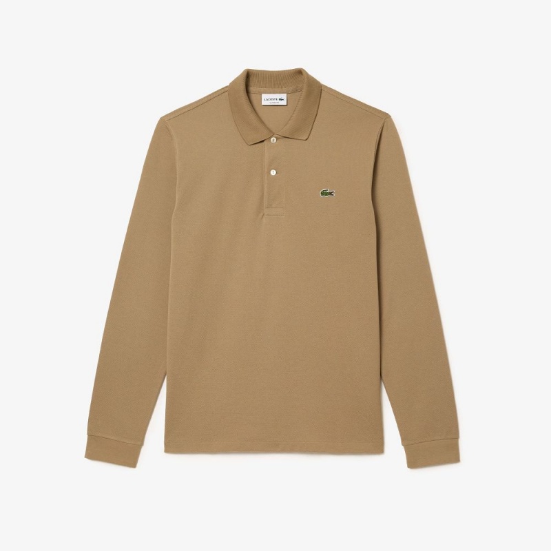 Men's Lacoste Long Sleeve Cotton Polo Shirts Beige | KBI841765