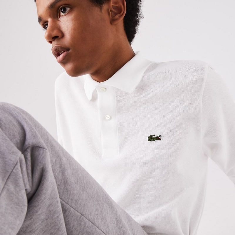 Men's Lacoste Long Sleeve Cotton Polo Shirts White | IAG435068