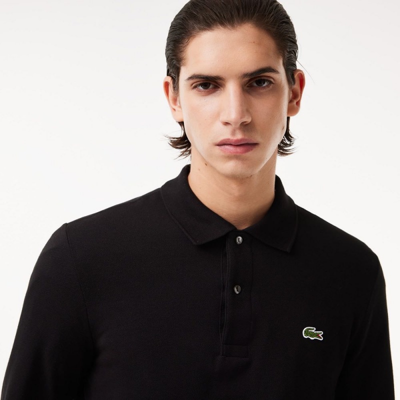 Men's Lacoste Long Sleeve Cotton Polo Shirts Black | RIB431056