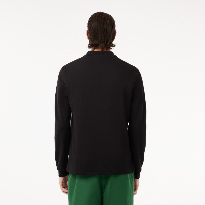 Men's Lacoste Long Sleeve Cotton Polo Shirts Black | RIB431056