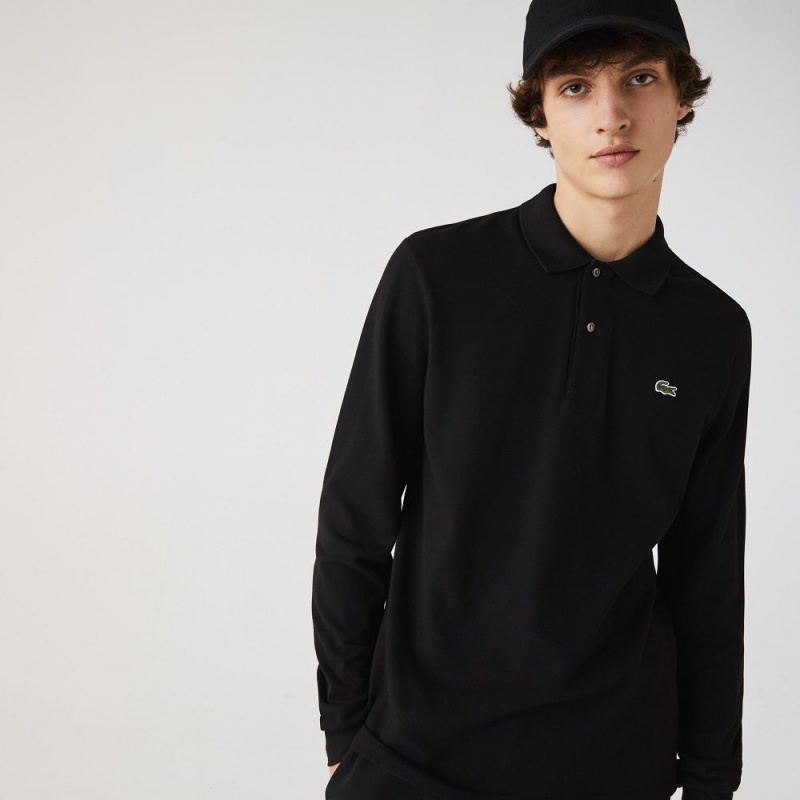 Men's Lacoste Long Sleeve Cotton Polo Shirts Black | RIB431056