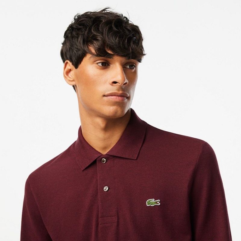 Men's Lacoste Long Sleeve Heathered Cotton Polo Shirts Dark Bordeaux | HUF684752