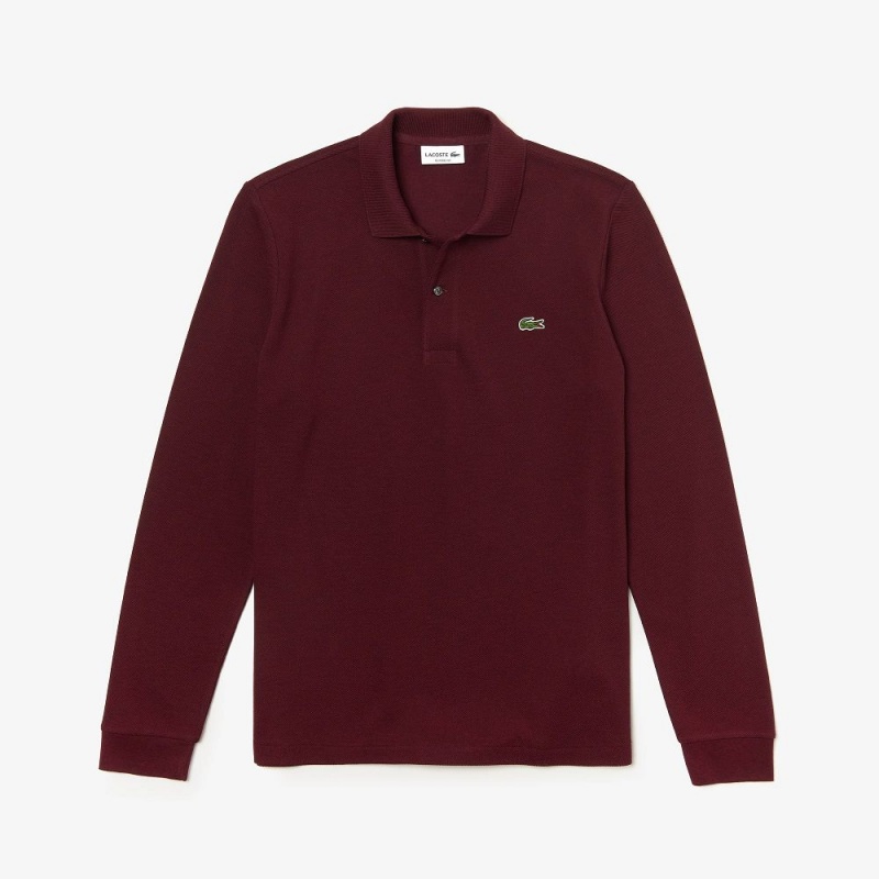 Men's Lacoste Long Sleeve Heathered Cotton Polo Shirts Dark Bordeaux | HUF684752