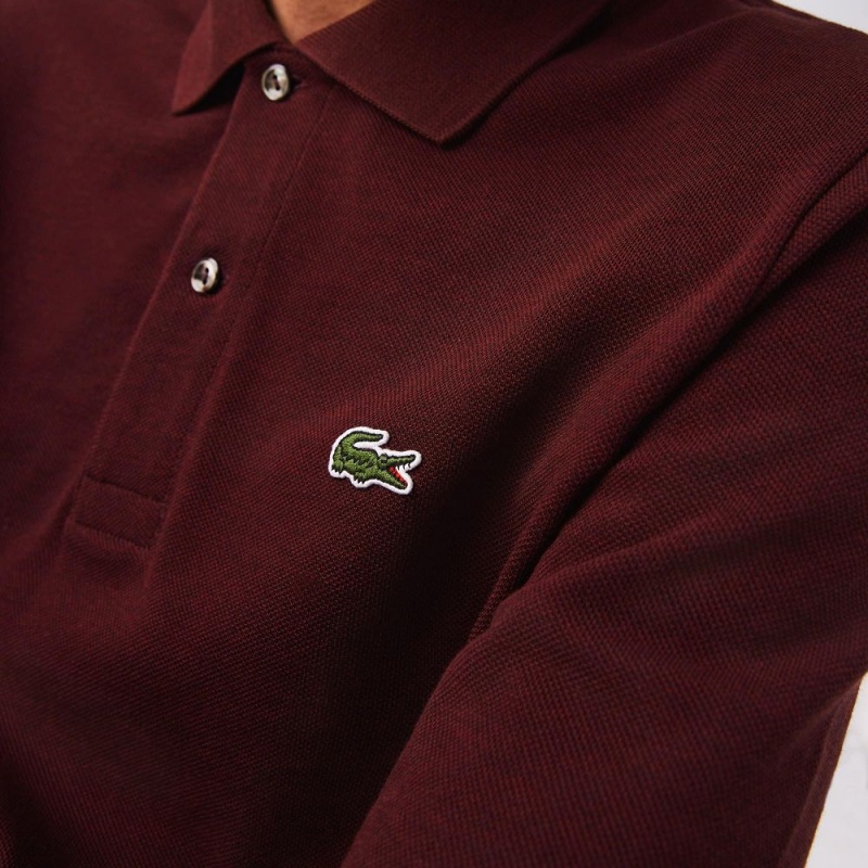 Men's Lacoste Long Sleeve Heathered Cotton Polo Shirts Dark Bordeaux | HUF684752