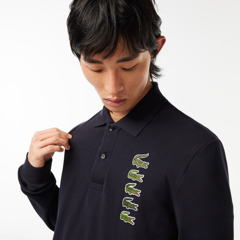 Men's Lacoste Long Sleeve Original L.12.12 Multi Badge Polo Shirts Abysm blue | DTF057139