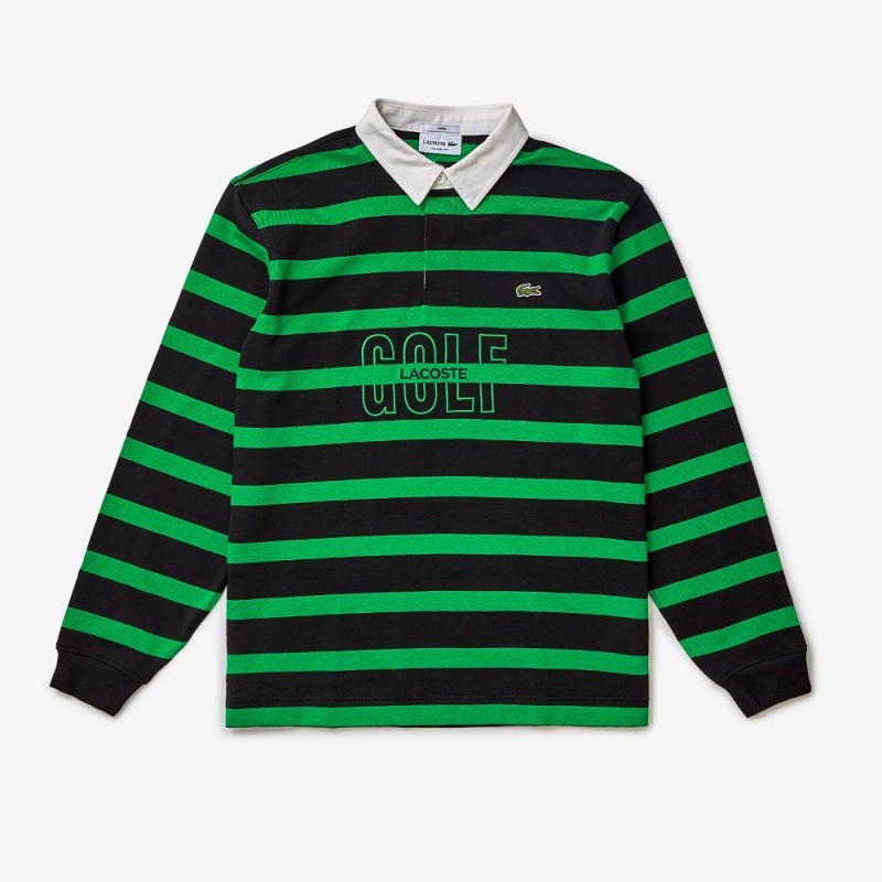 Men\'s Lacoste Long Sleeve Striped Rugby Shirt Black Green | EZW806971