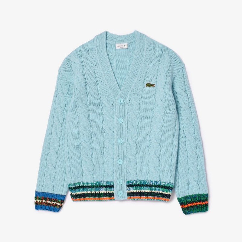 Men's Lacoste Loose Fit Cable Knit Striped Cardigan Sweater Light Blue White | ULO829564