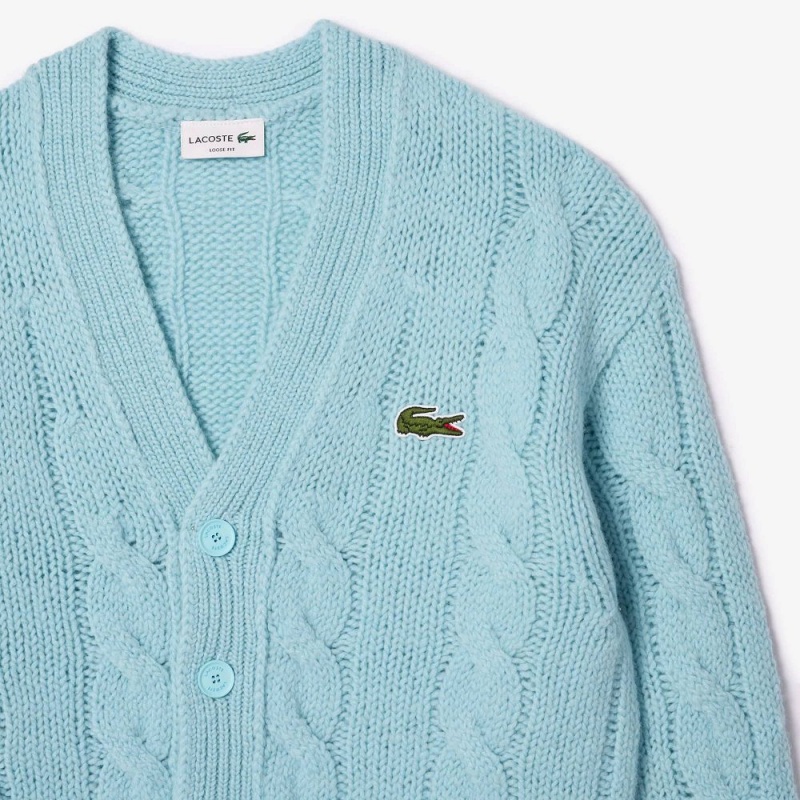 Men's Lacoste Loose Fit Cable Knit Striped Cardigan Sweater Light Blue White | ULO829564