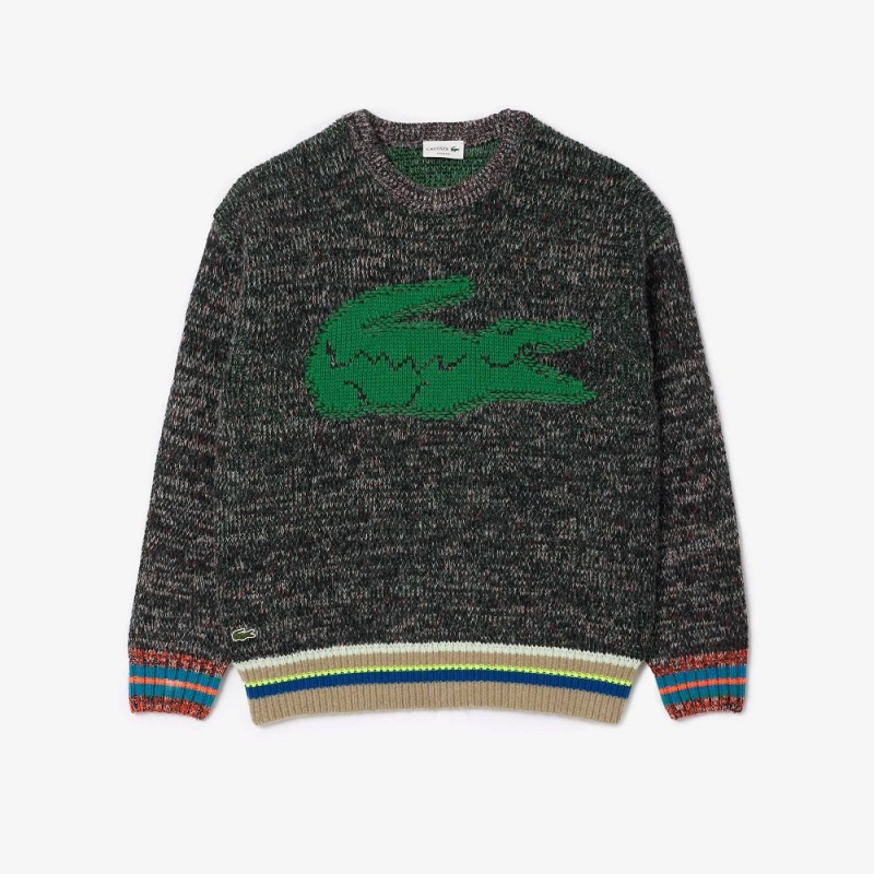 Men's Lacoste Loose Fit Contrast Croc Wool Sweater White | OJV653284