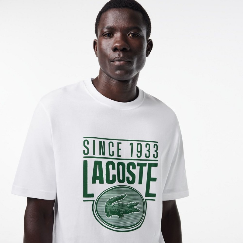 Men's Lacoste Loose Fit Cotton Jersey Print T-Shirt White | MOZ264387