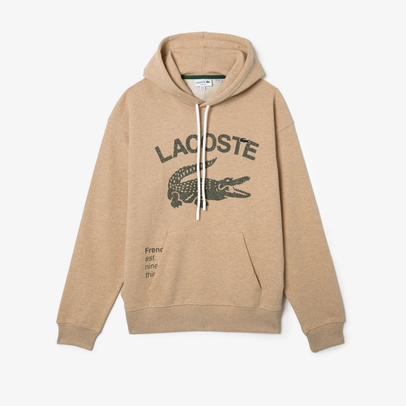 Men's Lacoste Loose Fit Crocodile Hoodie Beige | YQD023748