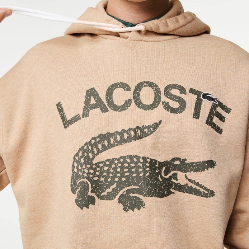 Men's Lacoste Loose Fit Crocodile Hoodie Beige | YQD023748