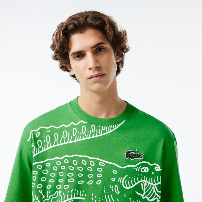 Men's Lacoste Loose Fit Crocodile Print Crew Neck T-Shirt Green | MTP236714