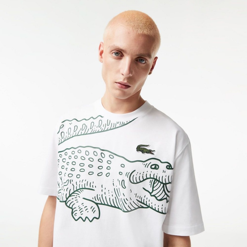 Men's Lacoste Loose Fit Crocodile Print Crew Neck T-Shirt White | DKY145938