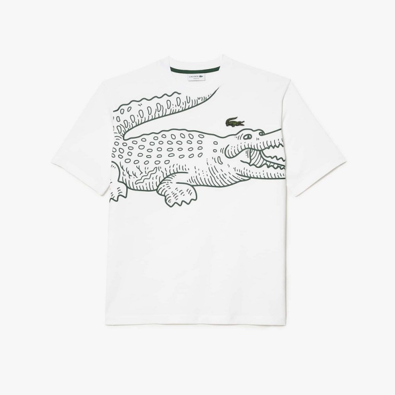 Men's Lacoste Loose Fit Crocodile Print Crew Neck T-Shirt White | DKY145938