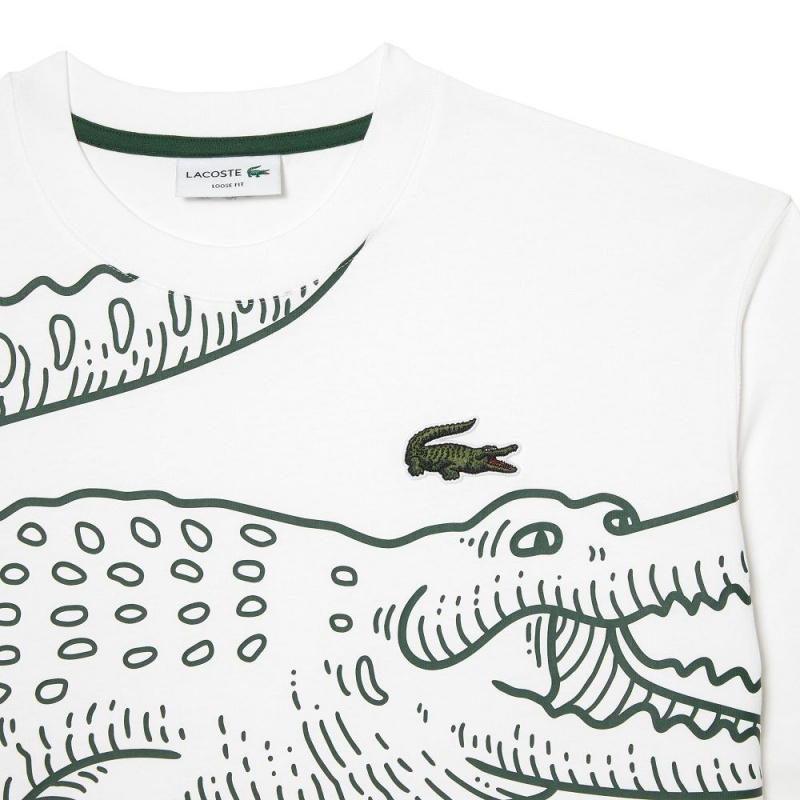 Men's Lacoste Loose Fit Crocodile Print Crew Neck T-Shirt White | DKY145938