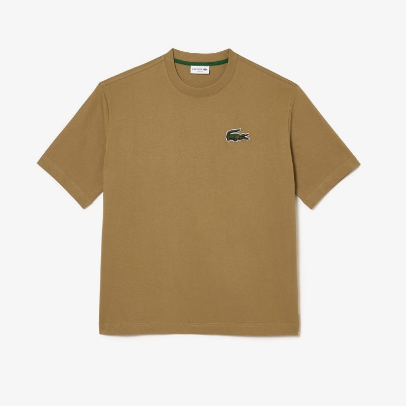 Men's Lacoste Loose Fit Large Croc Organic Heavy Cotton T-Shirt Brown | ARD176342